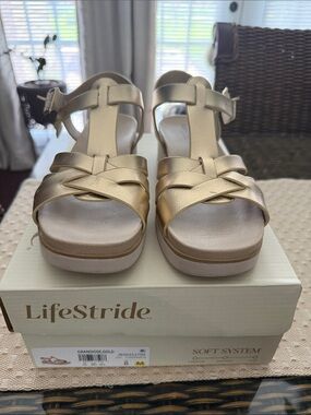 Life Stride Gold Strappy Wedge Sandals